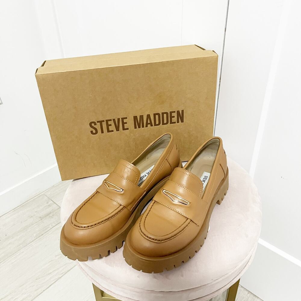NEW Steve Madden Lawrence Cognac Brown Leather Loafers Size 10
